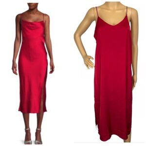 nicole miller red rhinestone strap satin slip dress vivid red midi slit sz large